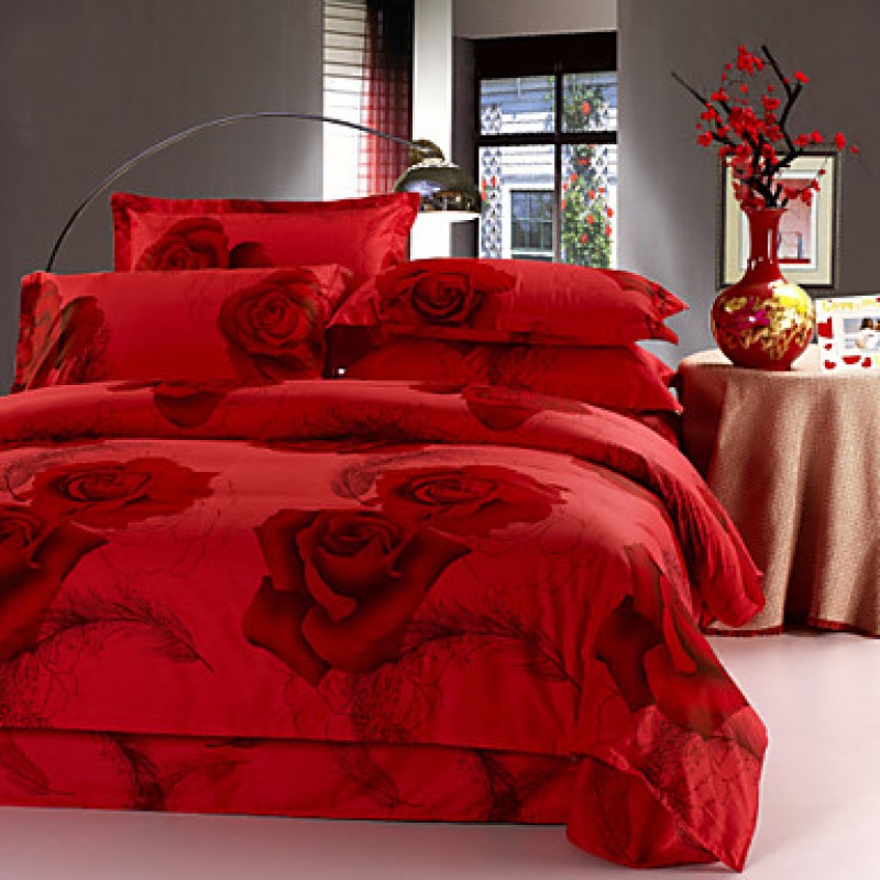 Red 100% Cotton Bedclothes 4pcs Bedding ...